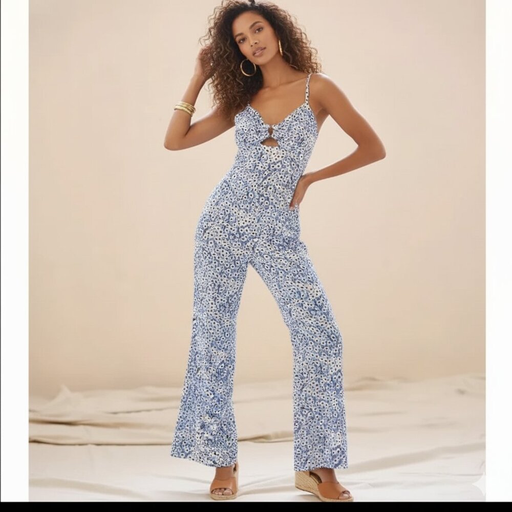 ANTHROPOLOGIE HUTCH Maxi Flare "Ditsy" Floral Jumpsuit Multi Blue/White Size L